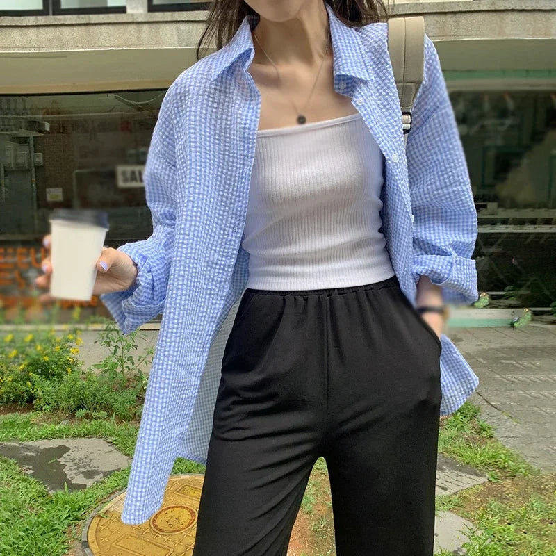 Camisa Xadrez Feminina Manga Longa Solta com Proteção Solar - Estilo Coreano Popular Entre Mulheres