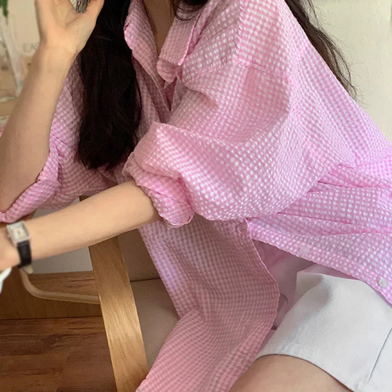 Camisa Xadrez Feminina Manga Longa Solta com Proteção Solar - Estilo Coreano Popular Entre Mulheres