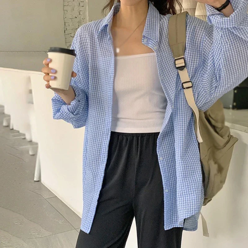 Camisa Xadrez Feminina Manga Longa Solta com Proteção Solar - Estilo Coreano Popular Entre Mulheres