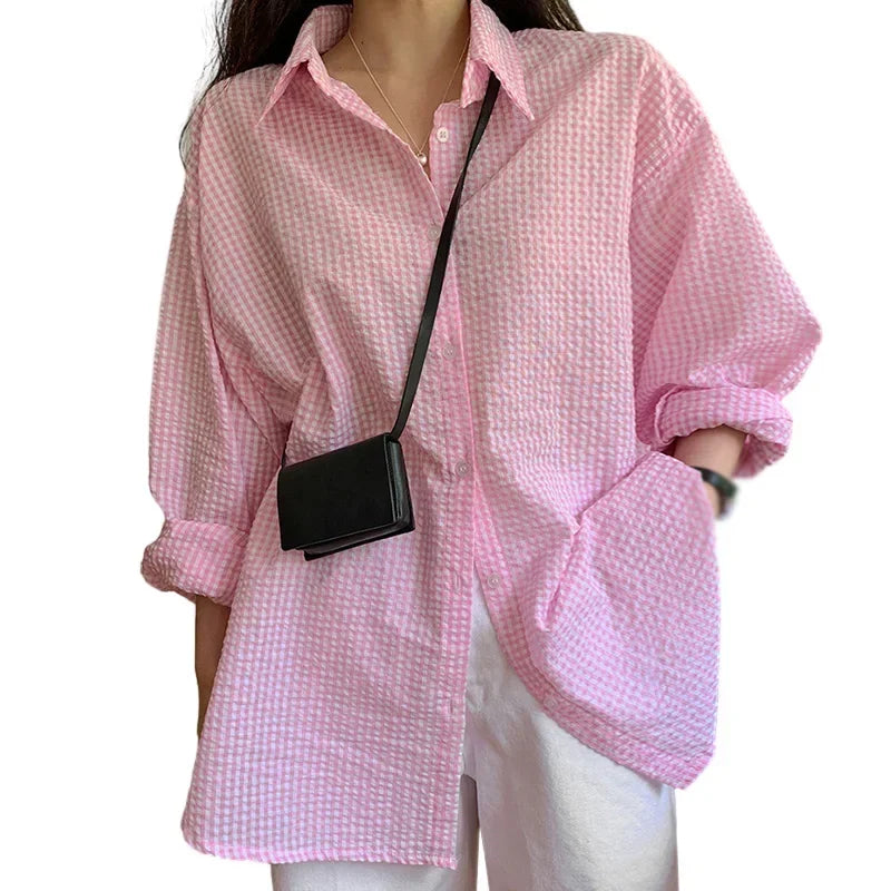 Camisa Xadrez Feminina Manga Longa Solta com Proteção Solar - Estilo Coreano Popular Entre Mulheres