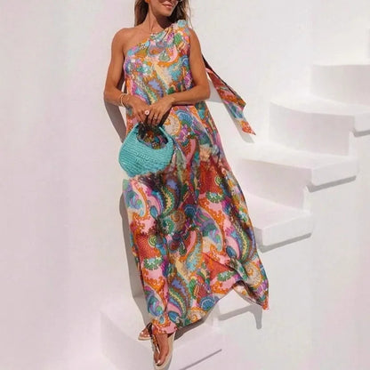 Vestido Longo Encanto Boho – Ombro Único e Estampa Exclusiva