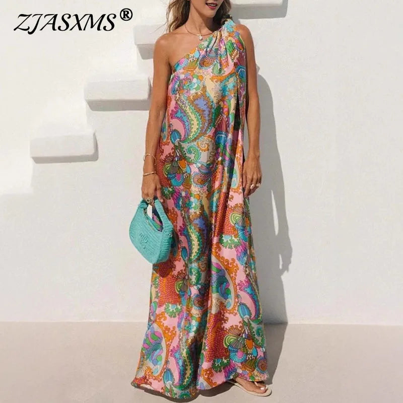 Vestido Longo Encanto Boho – Ombro Único e Estampa Exclusiva