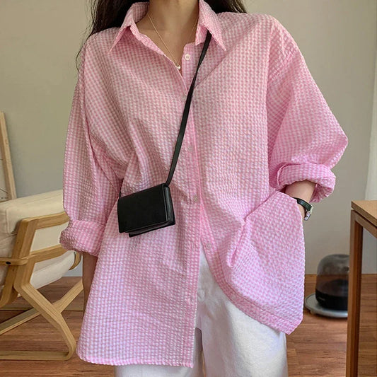 Camisa Xadrez Feminina Manga Longa Solta com Proteção Solar - Estilo Coreano Popular Entre Mulheres