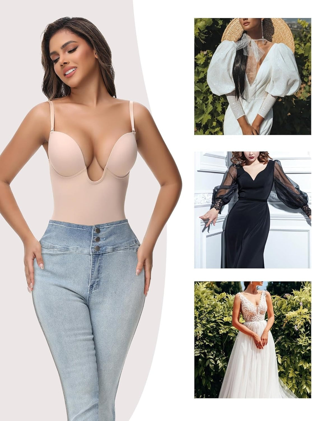 Body modelador com decote em V profundo - costas ajustáveis